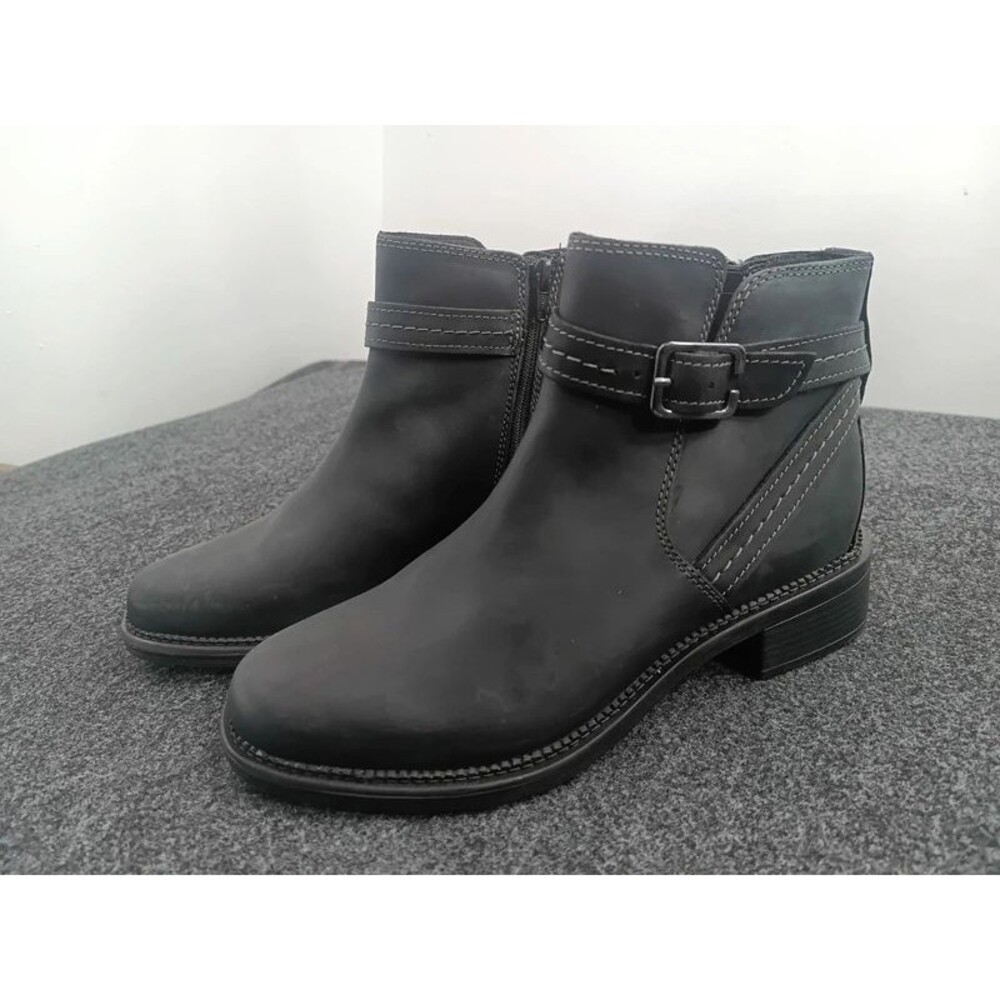 Clarks Maye Strap Black Leather Ankle Boots Womens US 10 M NEW Side Zip Buckle